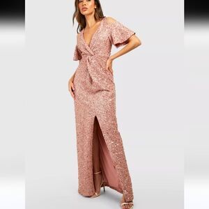 Boohoo champagne sequin sparkly knot front maxi special occasion dress size 14